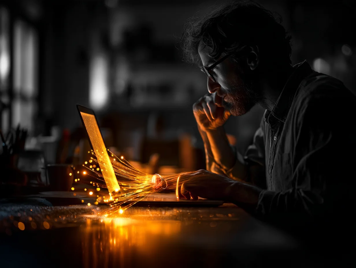 A founder leans toward a laptop, about to approve the team's plan.