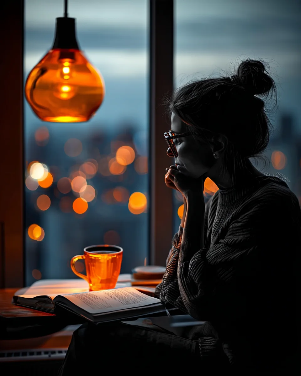 A founder pauses over a notebook in the evening.